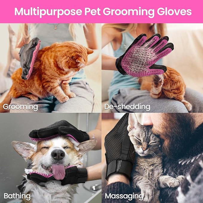 DELOMO Pet Grooming Gloves, Upgrade Version with Enhanced 255 Silicone Grooming Tips, Hair Remover Mittens for Dogs &amp; Cats, Bath Brush, 1 Pair (Pink)