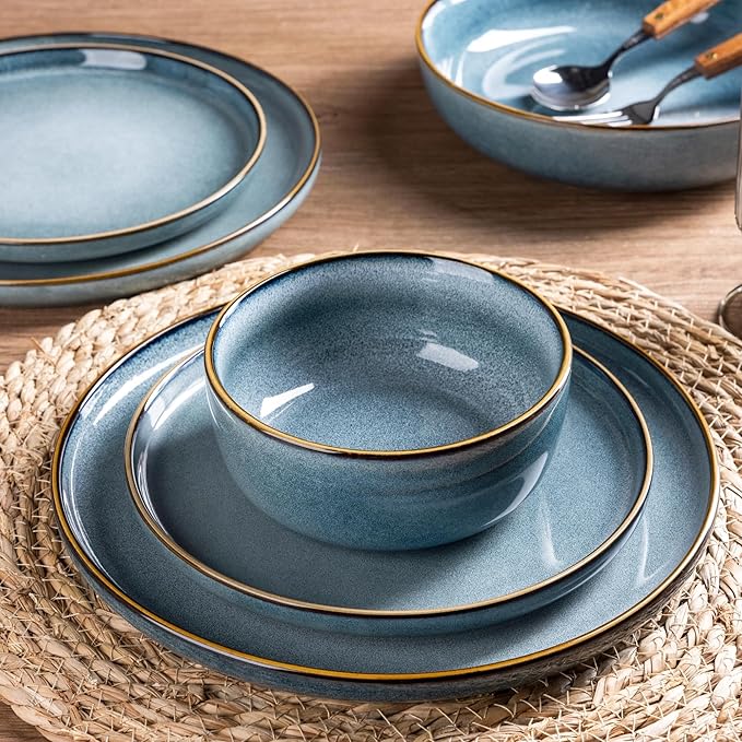 GBHOME Ceramic Dinnerware Sets for 6, 18 Pieces Stoneware Plates and Bowls Sets, Scratch Resistant Dishes, Dishwasher &amp; Microwave Safe, Space Blue