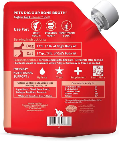 Primalvore Grass-Fed Beef Bone Broth for Dogs &amp;Cats, Mobility Formula w/Collagen Peptides to Help Support Hip &amp; Joints, Digestion, Skin &amp; Coat and Hydration, Human Grade, Made in USA. Beef 6 Pack