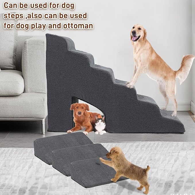 Dog Stairs &amp; Steps Ramps for High Beds 30 inches High Tall, LitaiL 6 Step Pet Stairs Steps for Small Large Dogs, Non-Slip Dog Ramps with 3 Pack Ramps for Staircase