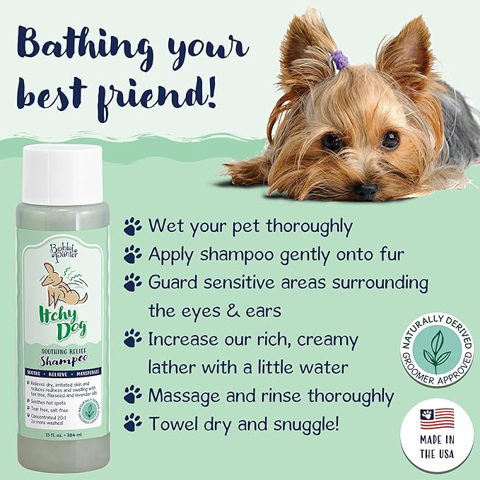Bobbi Panter Dog Shampoo - Made in USA - All Natural Formula for Itch Relief &amp; Soothing Skins, Concentrated 16:1 for Professional Groomers - Green Apple Scent, 13 Oz