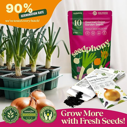 10 Gourmet Onion Seeds for Planting Variety Pack - 2,900+ Non-GMO Heirloom Vegetable Seeds for Growing Indoor &amp; Outdoor: Red Burgundy, Leek, Walla Walla, Grano White &amp; Yellow Sweet Spanish