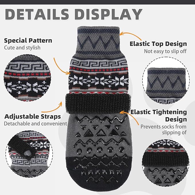 KOOLTAIL Dog Socks to Prevent Licking Paws for Hardwood Floors Anti Slip, Winter Warm Pet Boots&amp;Paw Protector with Grippers, Double Sides Dog Shoes Booties for Small Medium Large Senior Dogs Grey XL