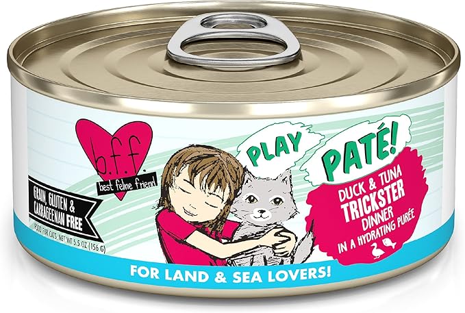 Weruva B.F.F. Play - Best Feline Friend Paté Lovers, Aw Yeah!, Duck &amp; Tuna Trickster with Duck &amp; Tuna, 5.5oz Can (Pack of 8)