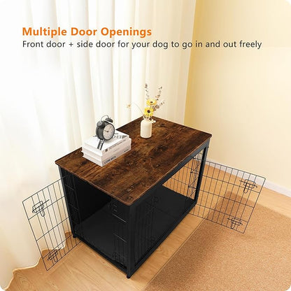 DWANTON Dog Crate Furniture with Cushion, Wooden Kennel Table with Double Doors, Indoor Dog House, Large Size, 38.5" L, Black+Rustic Brown