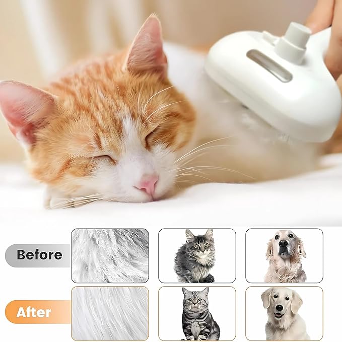 4 in 1 Cat Steam Brush: steam brush for cats, Grooming, Shedding, Mist Spray, Hair Removal Comb &amp; Massager, USB Rechargeable Self Cleaning cat steam brushes for indoor cats - White