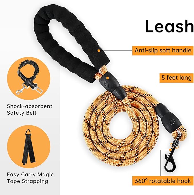 IVY&amp;LANE No Pull Dog Harness for Large Dogs, Dog Vest Harness with Leash, Safety Belt and Storage Strap, Fully Adjustable Harness, 360° Reflective Strip, Soft Handle (Orange,X-Large)