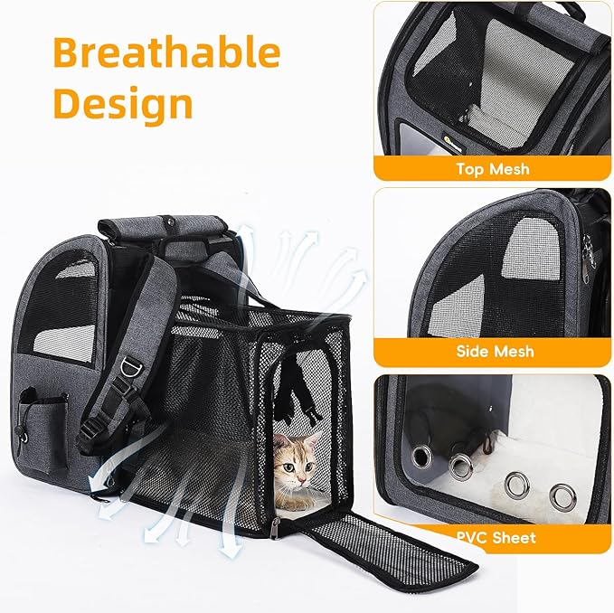 Hoopet Expandable Cat Backpack Carrier – Breathable Pet Carrier for Small Cats &amp; Dogs, Foldable Travel Backpack with Mesh Ventilation for Hiking, Walking, Camping, Dark Grey