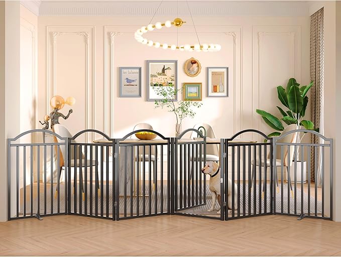 BHG Metal No-Assembly Freestanding Dog Gate with Door Walk Through, Extra Wide 144", Extra Tall 32" Pet Gate, Accordion Puppy Folding Playpen Dog Fence for Indoor &amp; Outdoor, with 2PCS Support - Black