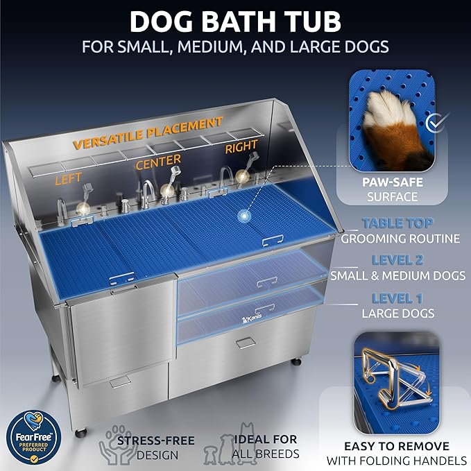 KANIS Professional Dog Washing Station - 304 Stainless Steel Pet Wash Sink &amp; Grooming Bath Tub for Home with Ramp, Shower, Floor Grate, Storage Drawers, and Faucet for Large, Medium &amp; Small Pets