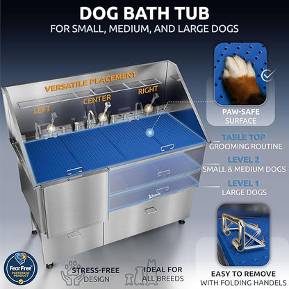 KANIS Professional Dog Washing Station - 304 Stainless Steel Pet Wash Sink &amp; Grooming Bath Tub for Home with Ramp, Shower, Floor Grate, Storage Drawers, and Faucet for Large, Medium &amp; Small Pets