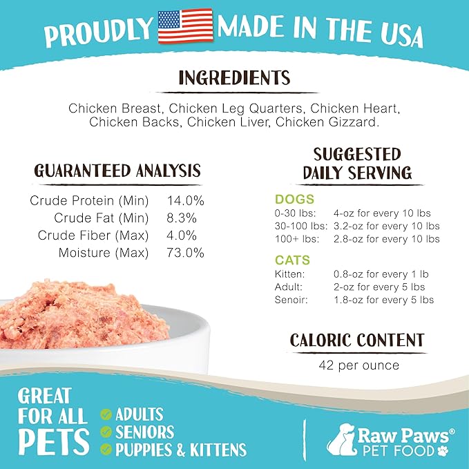 Raw Paws Signature Blend Pet Food for Dog &amp; Cats - Chicken Recipe, 1-lb Rolls (10 Pack) - Frozen Fresh Dog Food - Made in USA - Natural Raw Diet Dog Food Log