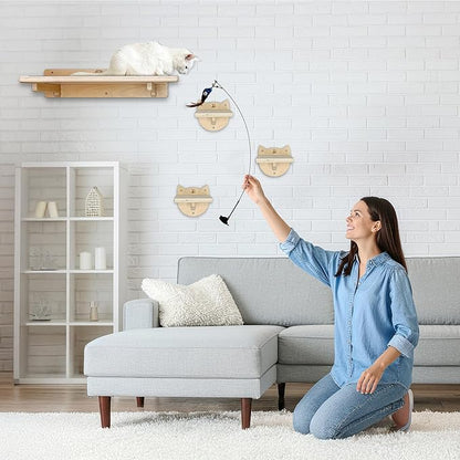 Snuggle &amp; Play Cat Wall Shelves with Suction Cup Wand – 3 Mounted Steps, Climbing Wall Shelves and Furniture with Cat Wand