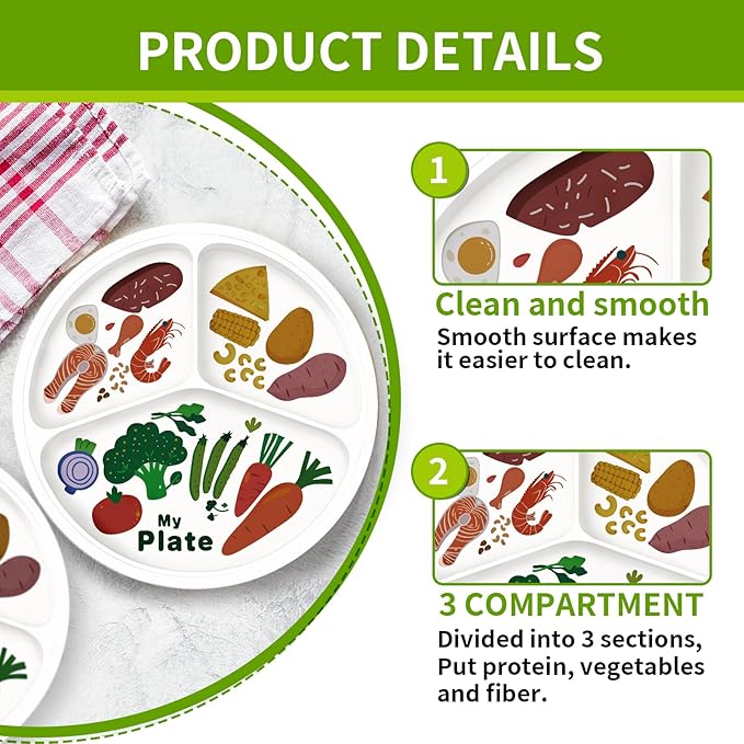 10" 3-Grid Cute Cartoon Portion Control Plate - Melamine, Healthy Nutrition for Weight Loss &amp; Diabetes Management, Ideal for Adults &amp; Teens Kids (4 Pack)