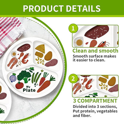 10" 3-Grid Cute Cartoon Portion Control Plate - Melamine, Healthy Nutrition for Weight Loss &amp; Diabetes Management, Ideal for Adults &amp; Teens Kids (4 Pack)
