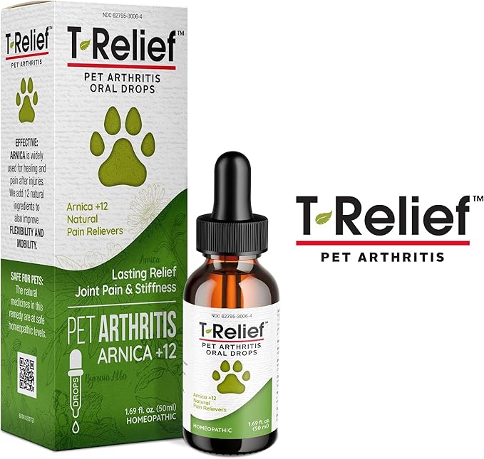 MediNatura T-Relief Pet Arthritis Relief Drops Arnica +12 Powerful Natural Homeopathic Medicines Help Ease Hip &amp; Joint Pain Soreness &amp; Stiffness for Dog &amp; Cat - 1.69 oz (2 Pack)