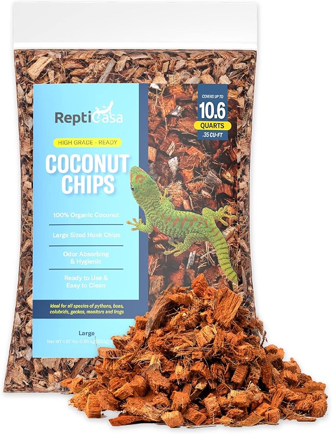 Organic Coconut Chips Substrate Clean &amp; Ready to Use for Reptiles, Snake, Tortoise, and Amphibian, Natural Fiber Free Husks, Clean Breeding and Bedding Flooring, Odor Absorbing - 10.6 Quarts