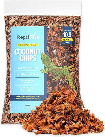 Organic Coconut Chips Substrate Clean &amp; Ready to Use for Reptiles, Snake, Tortoise, and Amphibian, Natural Fiber Free Husks, Clean Breeding and Bedding Flooring, Odor Absorbing - 10.6 Quarts