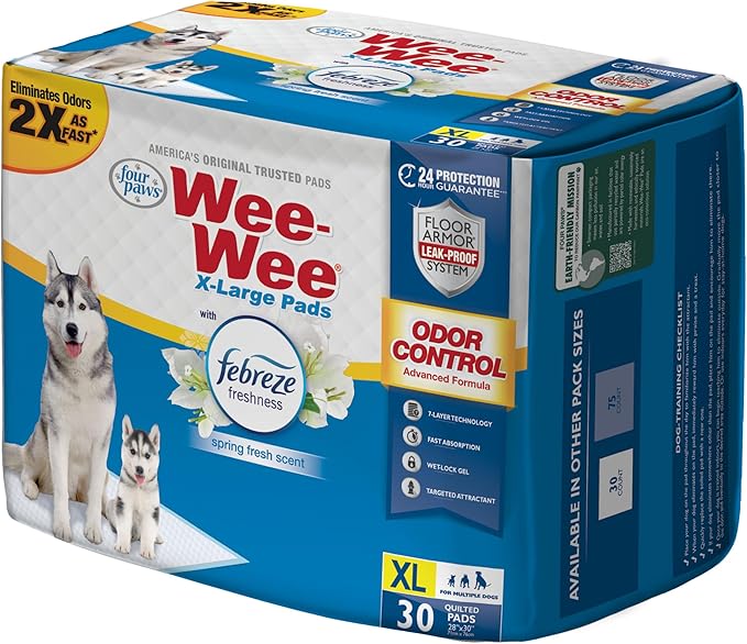 Four Paws Wee-Wee Odor Control with Febreze Freshness Pee Pads for Dogs &amp; Puppies, Leak-Proof Dog Housebreaking Potty Training Floor Protection, Spring Fresh Scent, 28" x 30", 30 Count