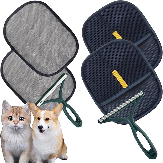 2-Pack Pet Hair Removal Gloves with A Hair/Lint Removal Tool – Remove Cat/Dog Fur from Clothing, Furniture, Car Seats, Bedding &amp; Carpet – Reusable &amp; Washable Lint Hair Remover for Pet Owners