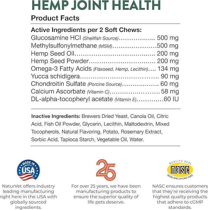 NaturVet Hemp Joint Health Hip &amp; Joint Support Dog Supplement – Soft Chew Supplements for Dogs with Glucosamine, MSM, Chondroitin, Omega 3, Vitamins, Antioxidants – 240 Ct.