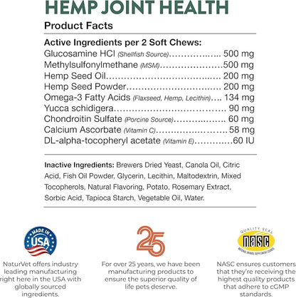NaturVet Hemp Joint Health Hip &amp; Joint Support Dog Supplement – Soft Chew Supplements for Dogs with Glucosamine, MSM, Chondroitin, Omega 3, Vitamins, Antioxidants – 240 Ct.