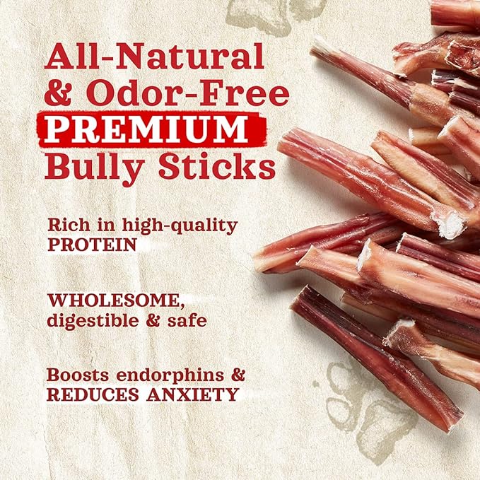 Natural Farm Odor-Free Thin Bully Sticks (4”, 24-Pack) All-Natural Long-Lasting Dog Chews, 100% Beef Pizzle, Grass-Fed, Grain-Free, Protein for Muscle Development &amp; Energy, Perfect for Small Dogs