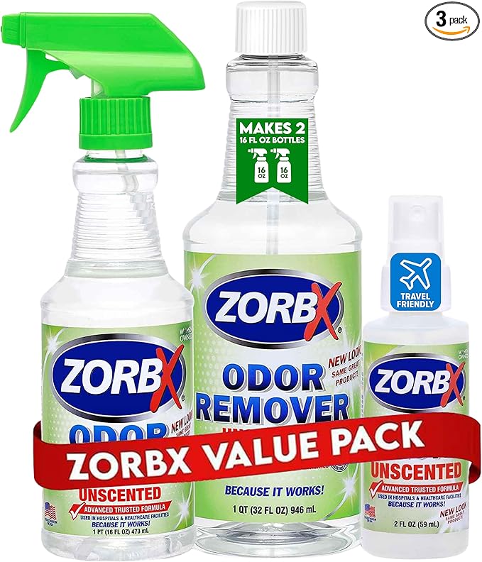 ZORBX Unscented Multipurpose Odor Eliminator Value Pack 2 Oz + 16 Oz + 32 Oz - Used in Hospitals &amp; Healthcare Facilities - Advanced Trusted Formula - Perfect Bundle to Get Rid of Unpleasant Odors