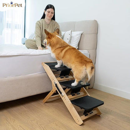 Dog Steps for Bed &amp; Couch 2-in-1 Dog Stairs/Ramp - Height Adjustable Dog Ramp for Couch 7” - 20” - Pet Stairs, Dog Stairs for Small Dogs - Easy to Move Pet Steps with Landing Platform, Natural