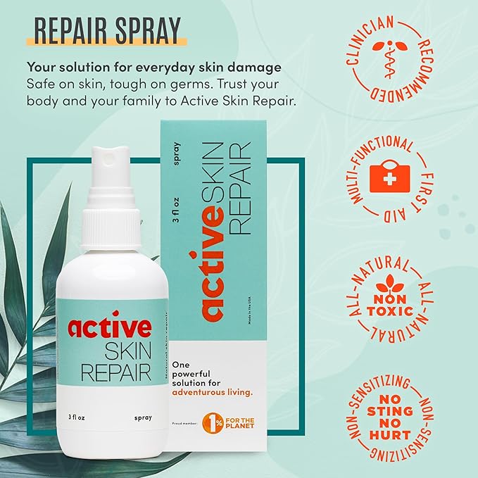 Active Skin Repair First Aid Healing Skin Spray - Natural &amp; Non-Toxic with Hypochlorus Acid for Minor Cuts, Wounds, Scrapes, Rashes, Sunburns, &amp; More, 3 oz