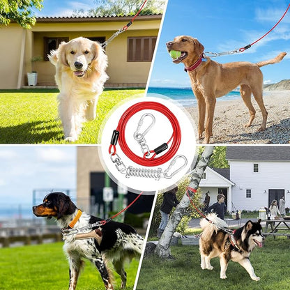 Jenico Dog Tie Out Cable, 10-150FT Runner Cable with Swivel Hook and Shock Spring, Yard &amp; Camping Dog Leash Tether for Small to Medium Pets Up to 500 LBS