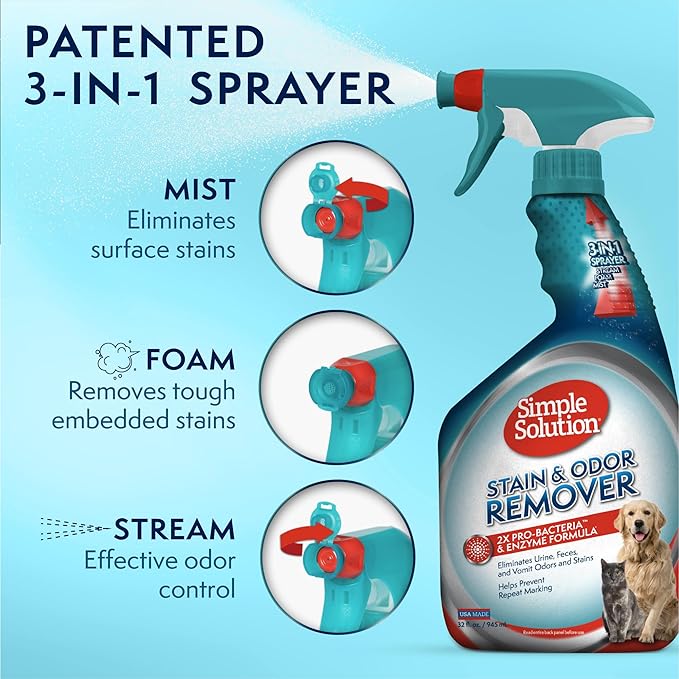 Simple Solution Stain &amp; Odor Eliminator for Pets, Carpet Deodorizer, Enzyme Pet Odor Eliminator for Home, Stain Remover for Cat &amp; Dog Pee, Urine Destroyer, Carpet Cleaner Spray, 32 oz