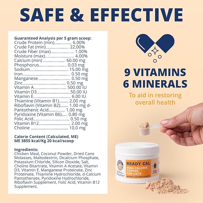 Under the Weather Ready Cal Powder for Cats | High-Calorie Weight Gainer &amp; Appetite Stimulant | Cat Energy Booster Veterinarian-Approved Pet Supplement with Vitamins &amp; Minerals | Chicken Flavor