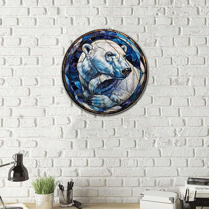 Lygond Metal Sign Tin Sign Circular Stained Glass Polar Bear Minimalist Wall Art for Gift 12×12 Inches