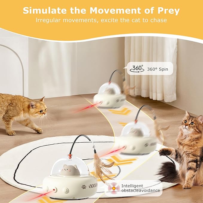 hooroor 2-in-1 UFO Laser Cat Toy – Automatic Motion with Feather, Rechargeable Smart Sensor Interactive Toy for Indoor Cats &amp; Dogs, Fun Exercise &amp; Play, Perfect Pet Gift