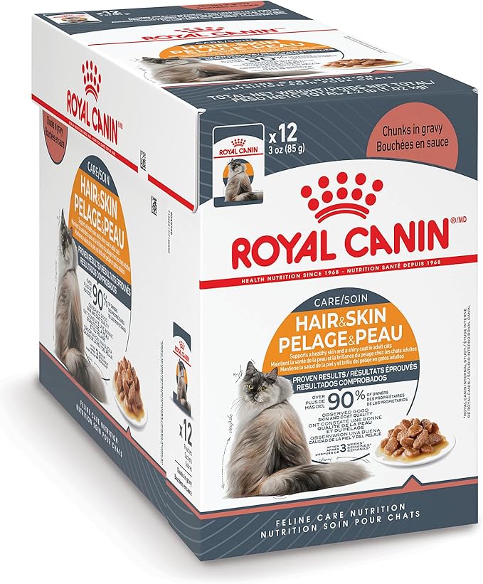 Royal Canin Hair &amp; Skin Care Chunks in Gravy Wet Cat Food Pouch, 3 oz pouch (12-count)