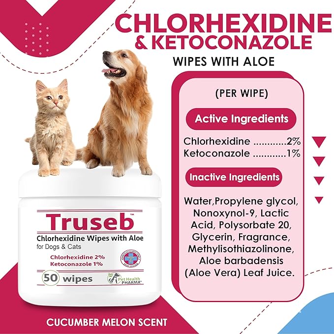 Chlorhexidianes Wipes for Dogs, Cats and Horses (Made in U.S.A) (USA) (Ketoconazole &amp; Chlorhexidine Wipes, 50 Count)