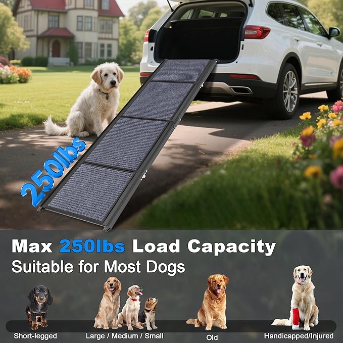 AQUILLA Dog Ramp for Car, 63" Folding Portable Dog Ramp with Non-Slip Rug Surface, Extra Wide Pet Ramps for Cat &amp; Dogs Get on Bed, Cars, Stairs,Pick Up Trucks, Up to 250LBS (63" L x 17.3" W)