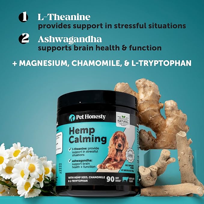Natural Hemp Calming Chews for Dogs - Dog Anxiety Relief - Calming Aid Supplement with Valerian Root, Chamomile, + Magnesium - Stress, Separation &amp; Thunder Support - (Beef Liver, 90 Count)