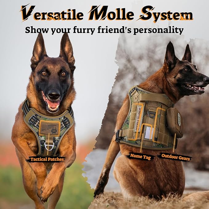 rabbitgoo Dog Harness for Large Dogs No Pull, Tactical Service Pet Vest with Molle and Control Handle, Adjustable and Reflective Military Harness for Easy Walking and Training, Brown camo, L