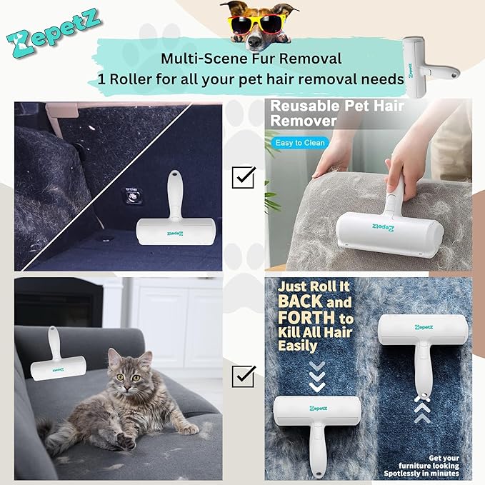 Pet Hair Removal Tool – Reusable Lint Roller for Dogs &amp; Cats – Self-Cleaning Fur Remover Brush – Ergonomic Lint Roller for Carpet, Bedding, Couch, Car Seat &amp; More (White)