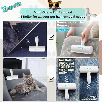 Pet Hair Removal Tool – Reusable Lint Roller for Dogs &amp; Cats – Self-Cleaning Fur Remover Brush – Ergonomic Lint Roller for Carpet, Bedding, Couch, Car Seat &amp; More (White)