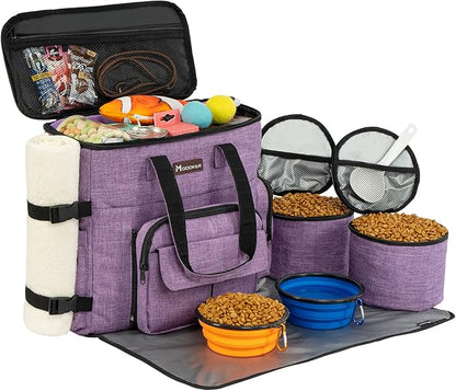 Modoker Dog Travel Organizer Carriers for Supplies &amp; Accessories, Airline Approved Cat Pet Travel Bag, 2 Collapsible Bowls, 2 Travel Dog Food Container, Purple