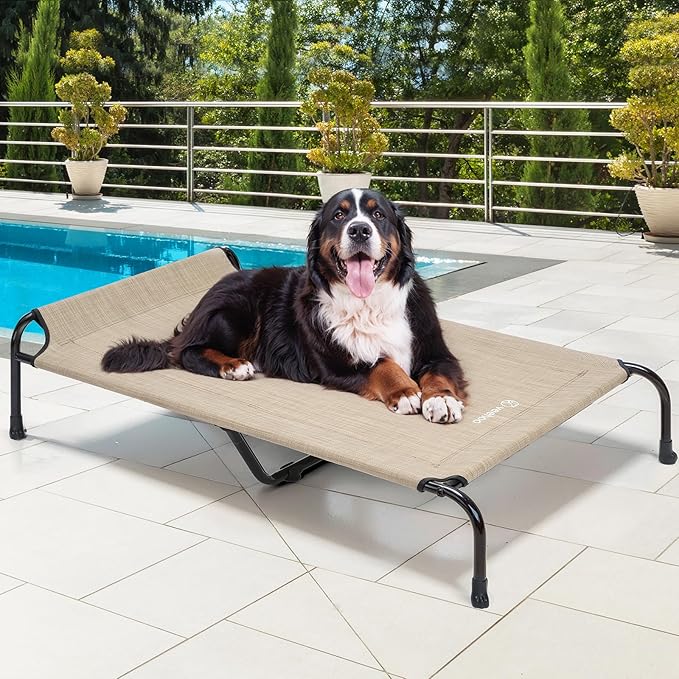Veehoo XXXL Original Elevated Dog Bed - Outdoor Raised Dog Cots Beds for Large Dogs, One-Sided Extra Large Raised Cooling Pet Bed Off Ground, Non-Slip &amp; Breathable, Beige 53" L x 33" W x 7.9" Th