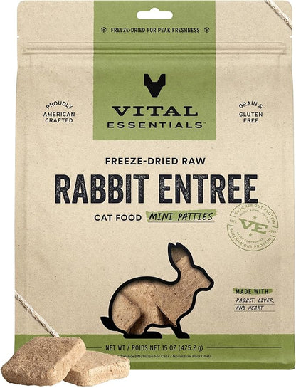 Vital Essentials Freeze Dried Raw Cat Food, Rabbit Mini Patties Entree, 15 oz