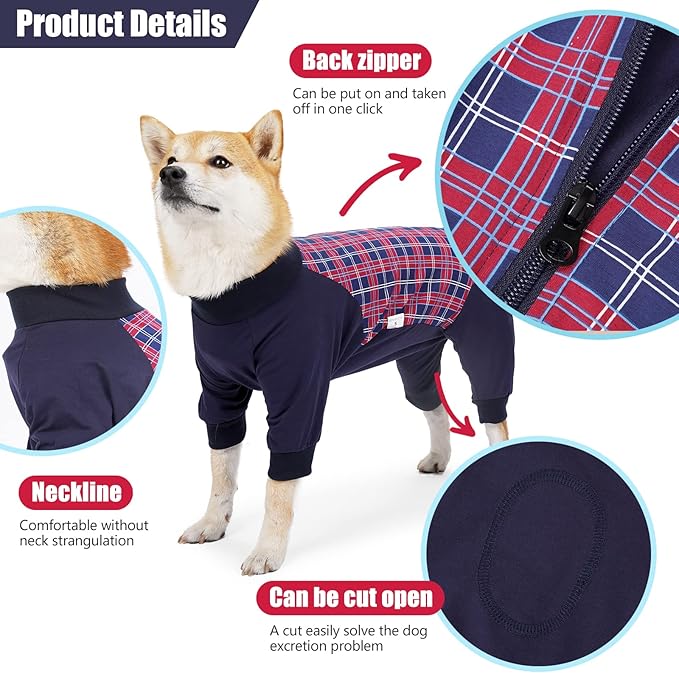 Dog Recovery Suit, Abdominal Wound After Surgery Wear, Anti Licking Bodysuit with Zipper, E-Collar &amp; Cone Alternatives, Plaid Dog Spay Surgical Onesie Prevent Shedding(2XL, Red)