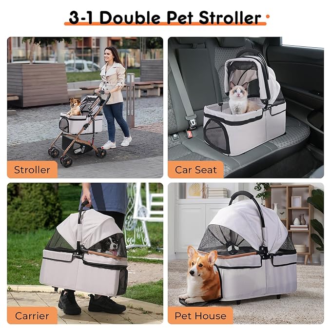 3-in-1 Foldable Pet Stroller for Medium Dogs &amp; Cats (50lbs) - Detachable Carrier, Car Seat, Storage Basket, 5" Lockable Wheels