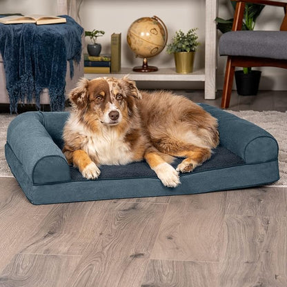Furhaven Cooling Gel Dog Bed for Large/Medium Dogs w/ Removable Bolsters &amp; Washable Cover, For Dogs Up to 55 lbs - Sherpa &amp; Chenille Sofa - Orion Blue, Large