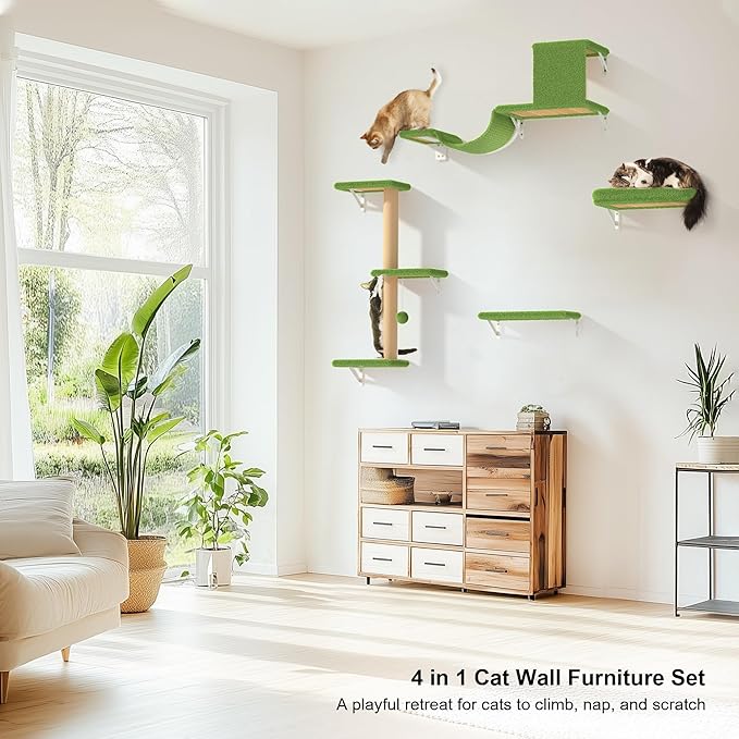 FUKUMARU Cat Wall Shelves, Stable &amp; Safe 4 in 1 Cat Furniture Set, Wooden Climbing Wall with Scratching Post, Bridge and Bed, Stylish Jungle Gym for 16 Inch Drywall - Green