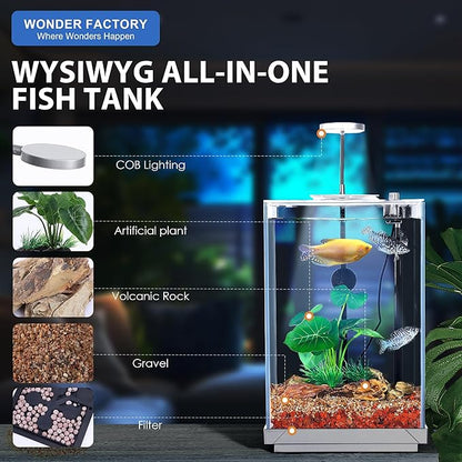 Wonderfactory 3 Gallon Aquarium Fish Tank, Self-Cleaning Betta Tank with Filter and Light, Starter kit with Rocks, Plants &amp; Cleaning Tools, Suitable for Beginners and Hobbyists